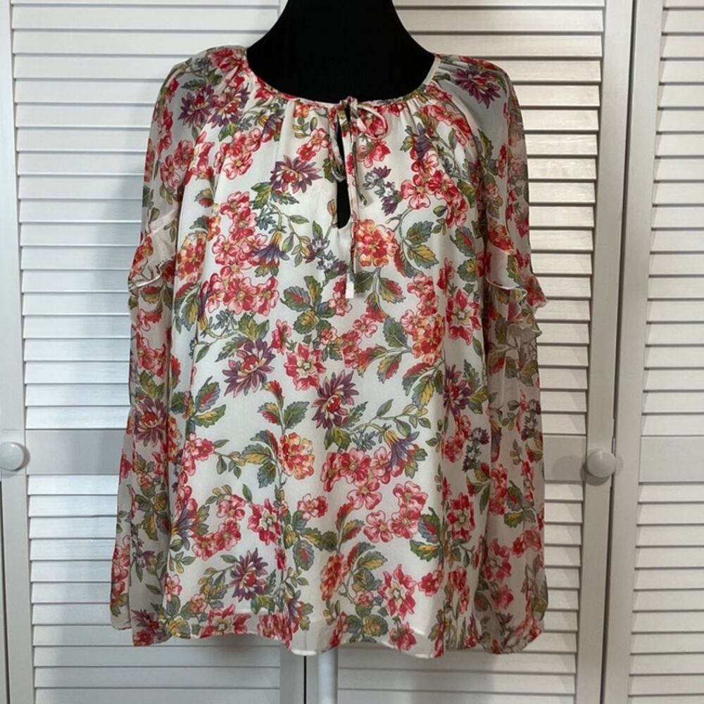 Adrienne Vittadini Boho Spring White Floral Ruffled Long Sleeve Blouse Women M